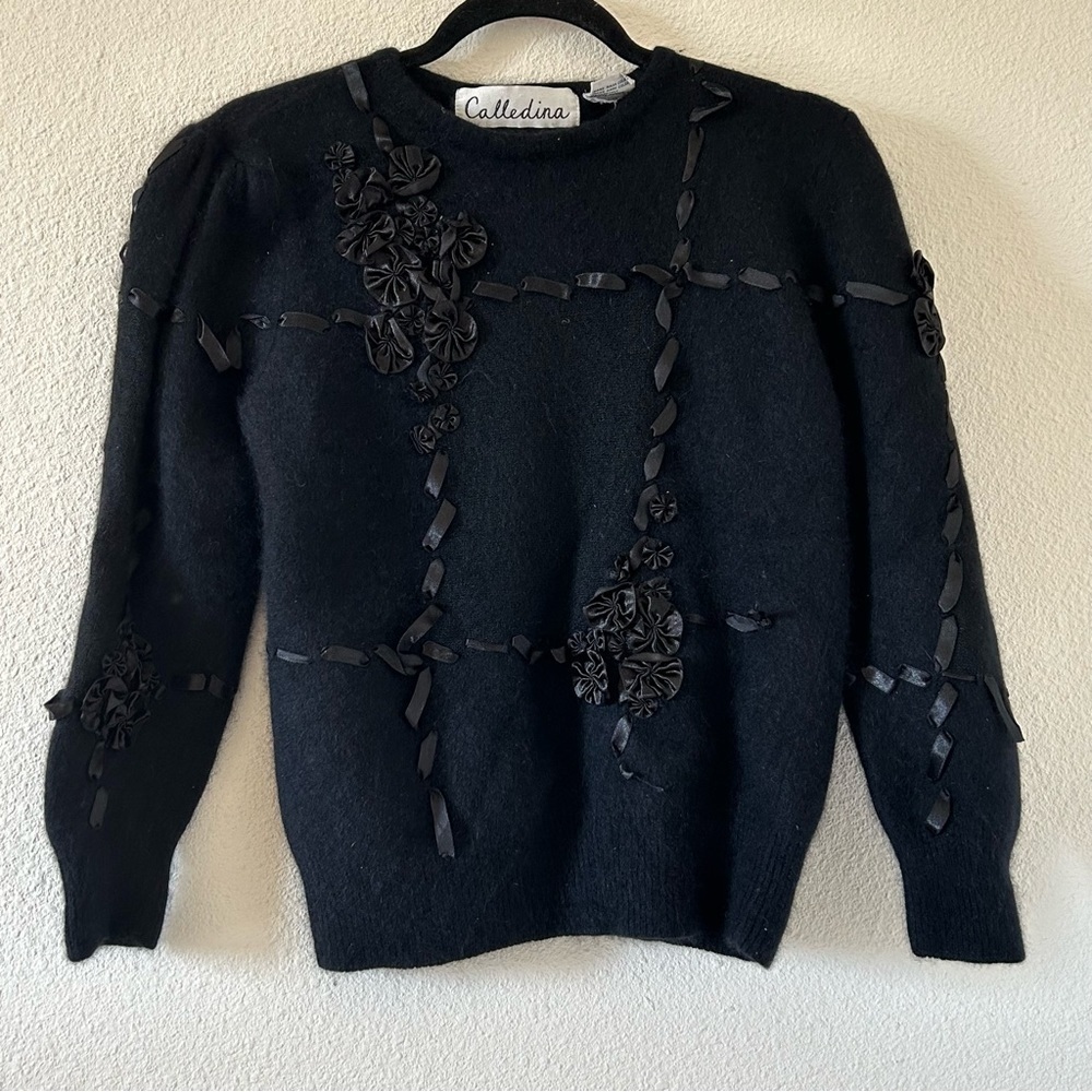 Calledina Vtg Angora Rabbit Hair Lambs Wool Blend Floral Ribbon Detail Sz Medium